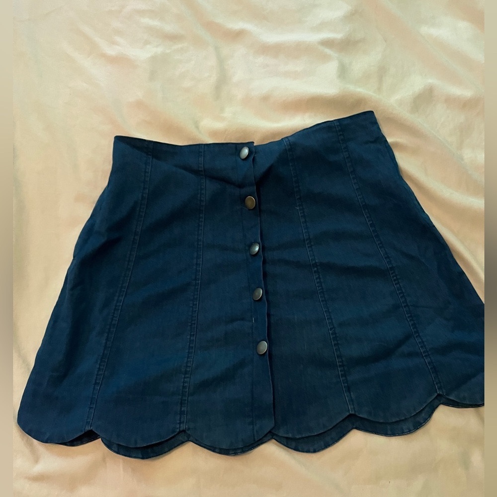 Lush Scalloped Blue Thin Denim Pleated Skirt with Brass Buttons